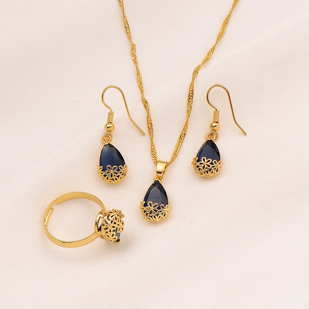 24K oro giallo GF goccia d'acqua collana di cristallo viola orecchini pendenti anello cz grande gemma rettangolare con set di gioielli canale