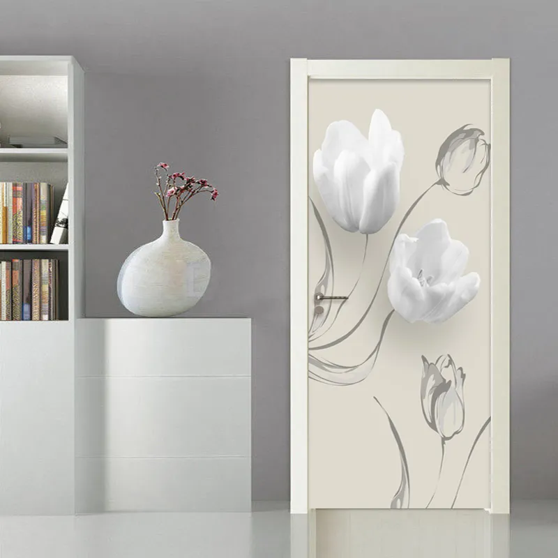 Moderne eenvoudige witte bloemen deur sticker woonkamer slaapkamer pvc zelfklevende waterdichte muurschildering behang voor muren 3 D Stickers 210317
