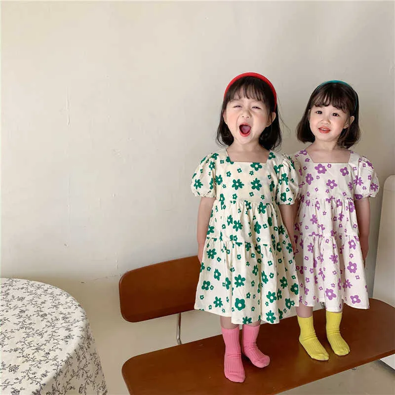 Zomer schattige meisjes bloemen korte mouw jurken Koreaanse stijl kinderen vierkante kraag prinses jurk kleding 210615