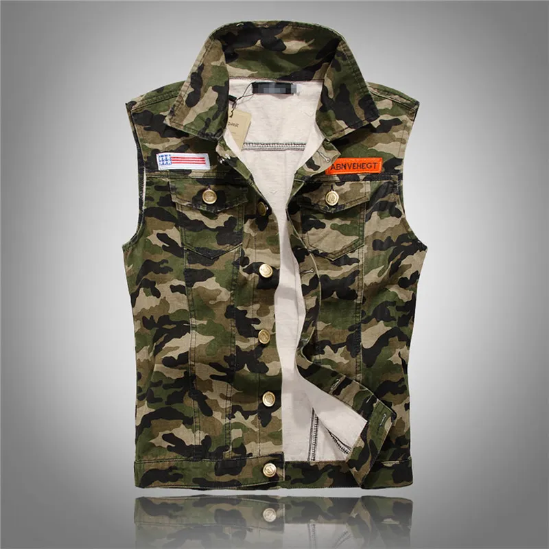 HEIßER Herbst männer Camouflage Denim Westen Ärmellose Jeans Jacken Mode Lässig Männliche Weste Camo Westen Homme M-5XL