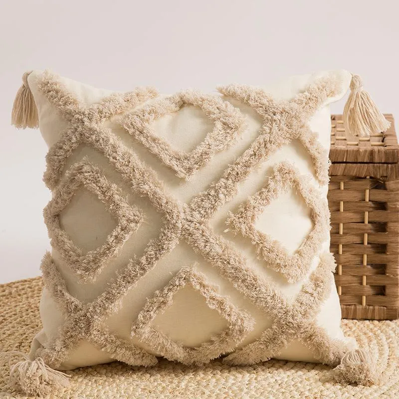 Housse de coussin Boho beige taie d'oreiller de Style marocain avec des glands décor à la maison oreiller tissé à la main pour canapé salon coussin/décoratif