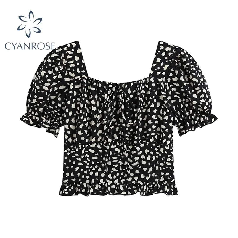 Women's Flower Print Puff Short Sleeve Crop Tops Sommar Fashion Streetwear Vintage Square Collar Ruched Drawstring Lady Top 210515