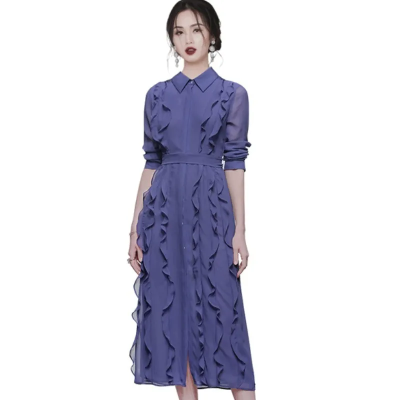 Autumn Elegant Chiffon Dress Women Long Sleeve Single-Breasted Layers Ruffles Long Shirt Dress Female Party Dress Robe 210518