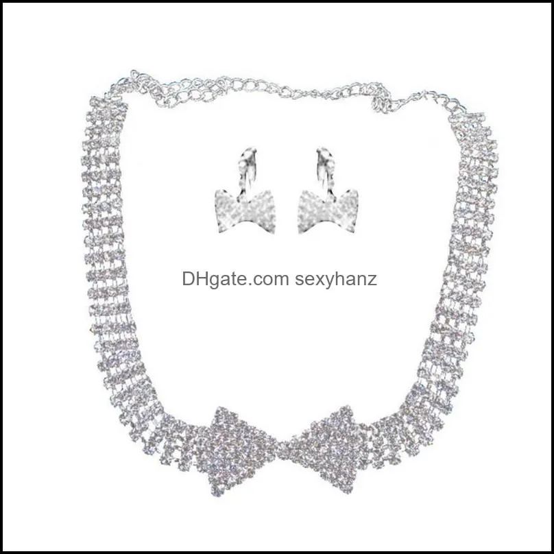 Earrings & Necklace 2021 Women Shiny Rhinestone Bowknot Clip/Stud Bridal Wedding Jewelry Set Crystal Gift