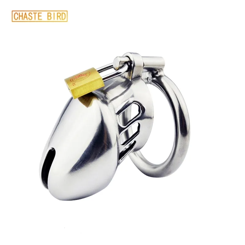 CHASTE BIRD New Male Metal Acero inoxidable Pequeño dispositivo de castidad Cock Cage Pene Belt Candado Ring BDSM Adult Sex Toy A077 210324