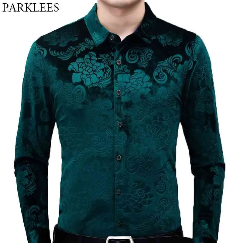 Mens Green Fluwelen Floral Jurk Shirts Merk Slanke Fit Lange Mouw Velours Mannen Casual Button Down Male Camisas 210721