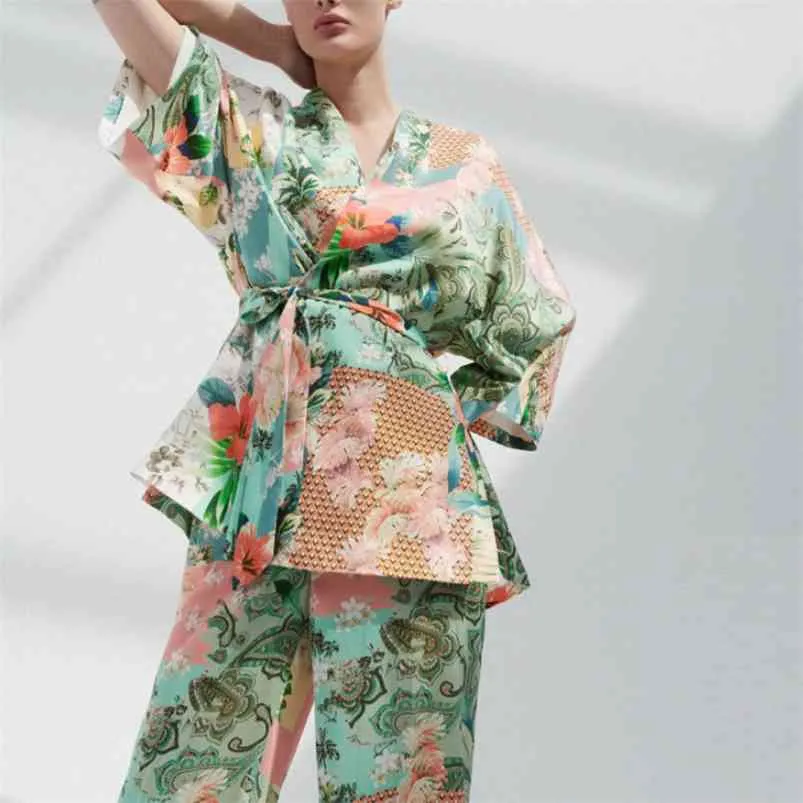 Mulheres Verão Impressão Solta Kimono Camisas Tops Blusas Za Sashes Laço Arco Abra Stitch Fashion Fashion Street Top Blusas 210513