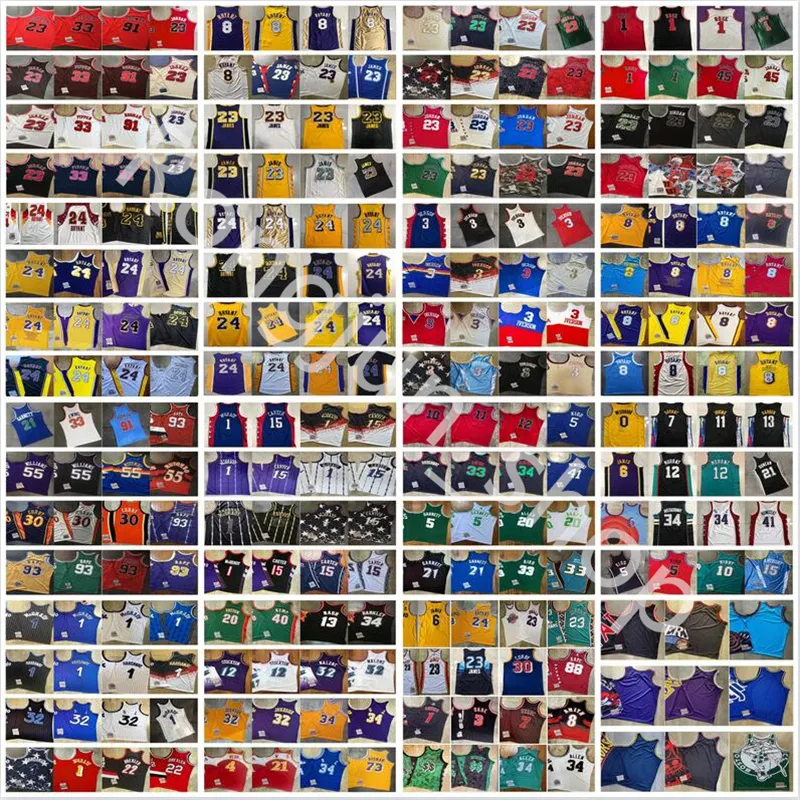 Mens Real Stitched Retro Basketball Jerseys TOP Quality Embroidery Yellow White Green Purple Black Red Blue Baskeball Jersey Size S-XXL Wholesale