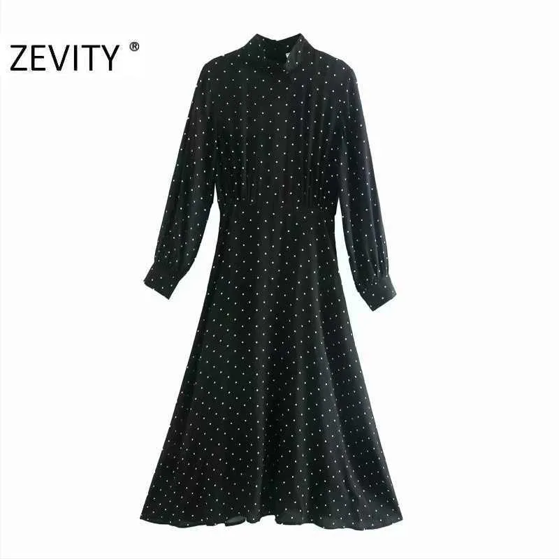 Zevity Women Fashion Stand Collar Stjärnor Skriv ut Casual A Line Midi Dress Office Långärmad Bakknappar Vestido DS4582 210603