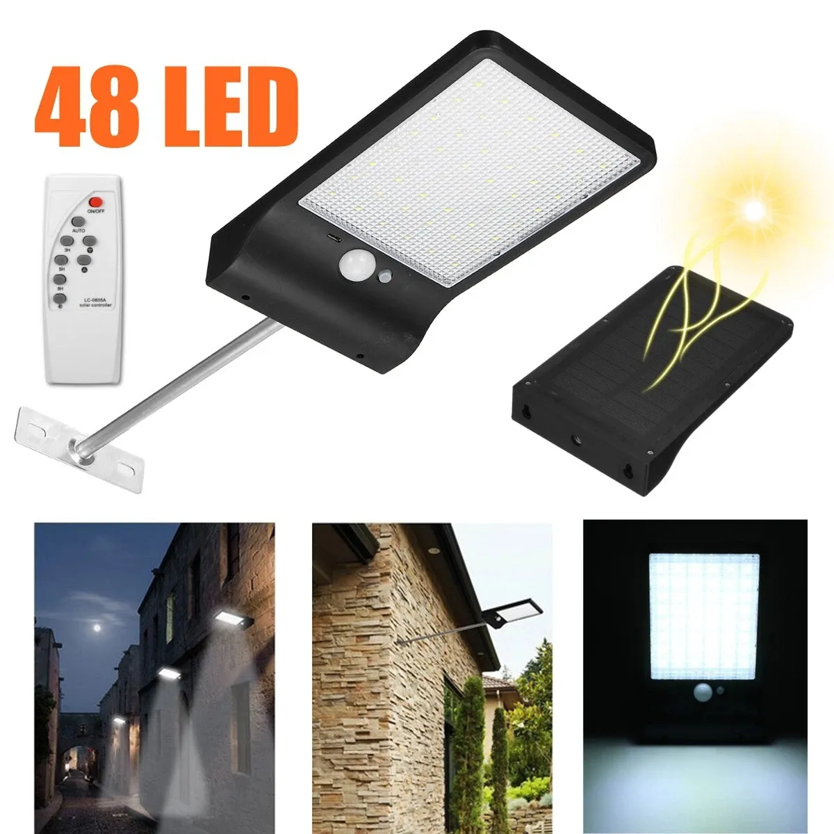 48 LED solar luz impermeável corpo humano indução PIR Motion Sensor de movimento ao ar livre lâmpada de cerca de parede com / sem pólo de montagem - com