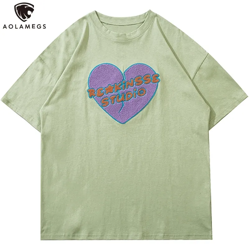 Aolamegs Tee-shirts pour hommes Hit Color Tearing Heart Lettre Patch T-shirt Hommes Confortable Tops surdimensionnés Harajuku College Style Streetwear 210707