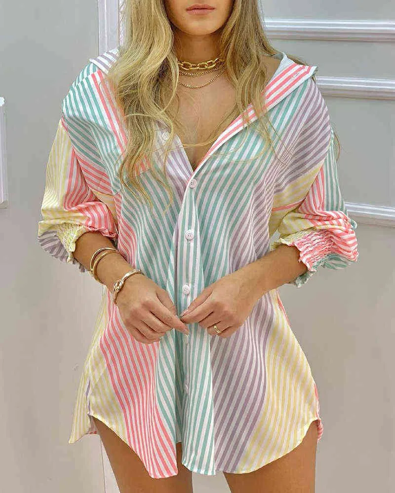 Summer Women Color Striped Button Front Blouse Dress Casual Vacation Dress G1214