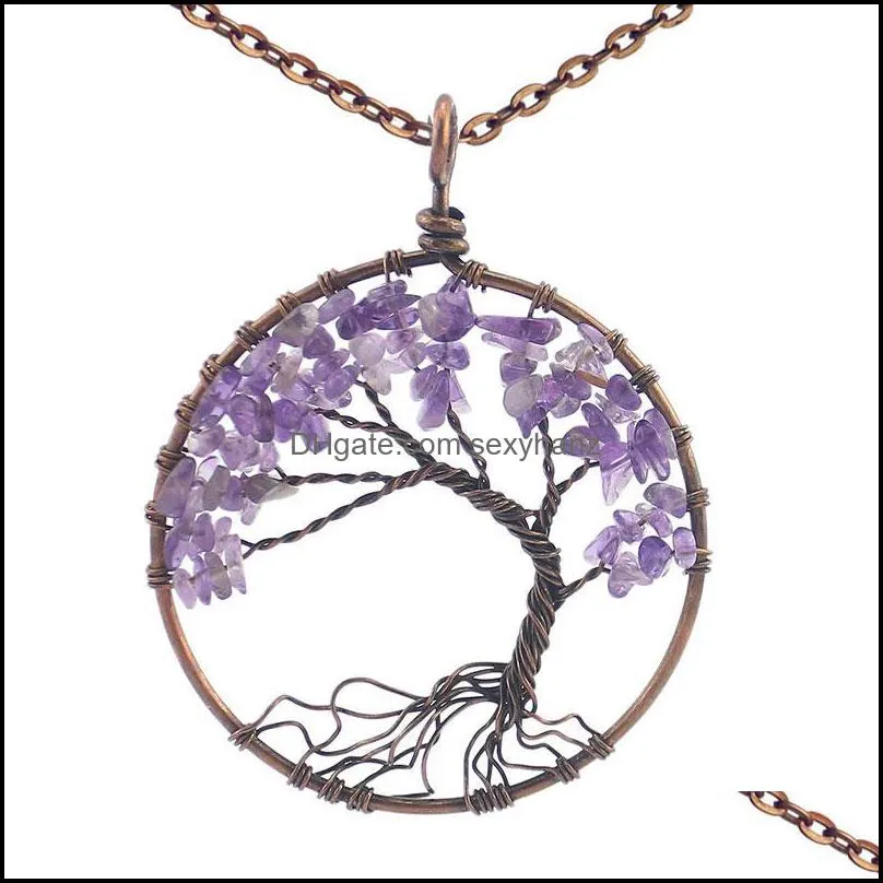 Pendant Necklaces Tree Of Life 7 Chakra Necklace Quartz Iridescence Healing Crystal Natural Stone For Women Yoga Jewelry