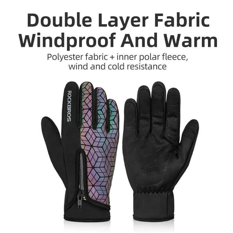 ROCKBROS Bicycle Gloves Polyster Fleece Winter Windproof Touch Screen Full Finger Reflective Bike Gloves Warm Cycling Equipment H1022