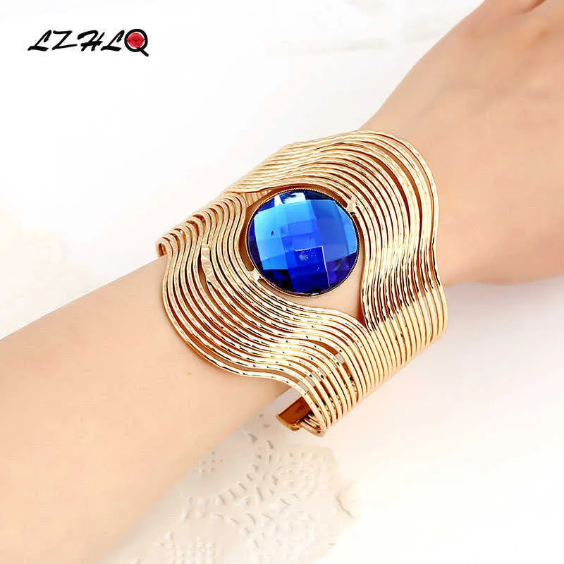 Lzhlq Unique Design Fil Multicouche Bracelet 2020 Marque De Mode Bijoux Femmes Métal Plaqué Maxi Ouverture Ronde Pierre Large Bracelet Q0719