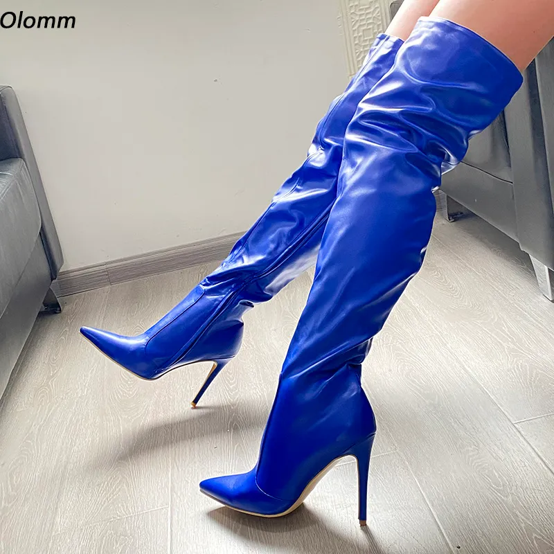 Rontic 2021 mulheres inverno coxa alta botas lateral zíper stiletto saltos apontados toe by azul cosplay jogos sapatos tamanho 5-15