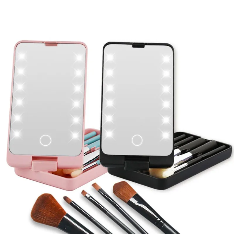 3 Colors LED Compact Mirror Storage box with makeup brush set portable rotating folding beauty cosmetics mirrors tools 3pcs