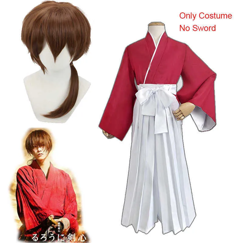 Himura Kenshin Cosplay Costume Rurouni Kenshin Cosplay Wig Mężczyźni i kobiety w Kendo Garnitury Halloween Kimono Pełny zestaw Y0903