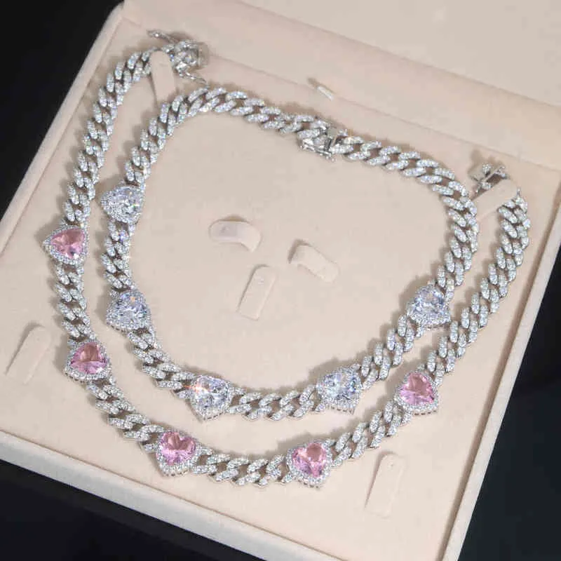 Pendant Necklaces Iced Out Bling Women Lady Jewelry Fashion 12mm 5A CZ Cuban Link Chain White Pink Heart Charm Choker Necklace 16" 220210