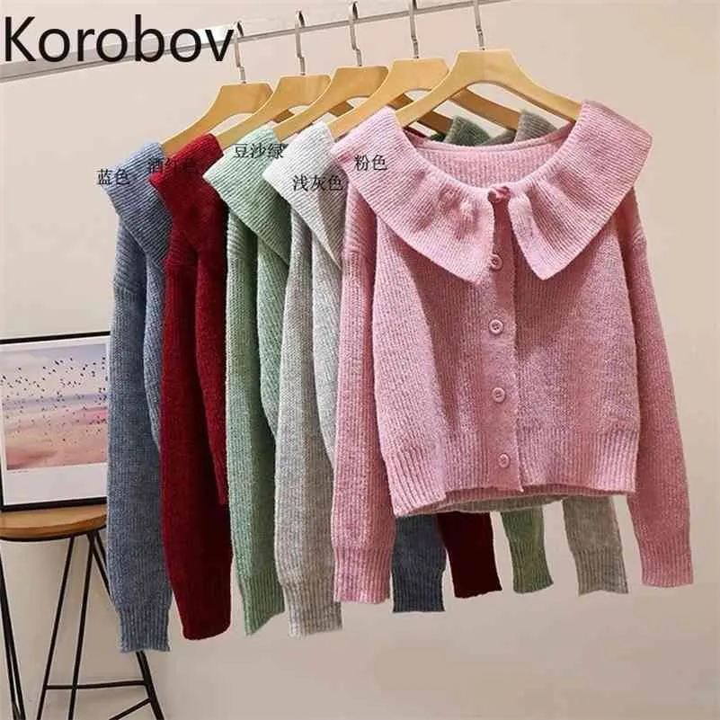 Korobov Preppy Style Autumn Women Cardigans Korean Sweeet Turn-Down Collar Cardigan Vintage Long Sleeve Chic Sweet Sweater 210430