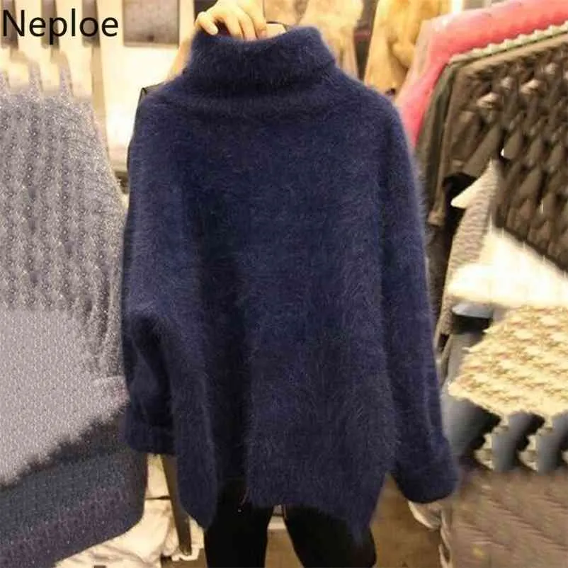Senhoras de Outono Pescoço Alto Pullover Sweater Casual de Manga Longa Cor Sólida Malha Solta Suéteres 1F390 210422