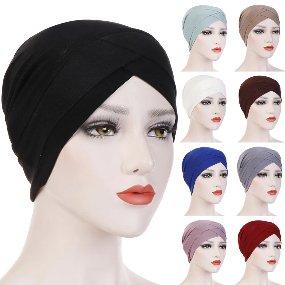 Stirn über elastische Jersey-Hijabs, einfache Kappe, Turban für muslimische Frauen, einfache einfarbige Chemo-Hüte, Stirnband, Haar-Accessoires