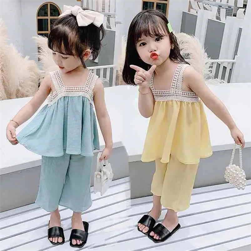 グーポソン韓国のキュー幼児の女の子服セットレースの上部の足のショートパンツ夏の小さな子供服のファッション衣装210715