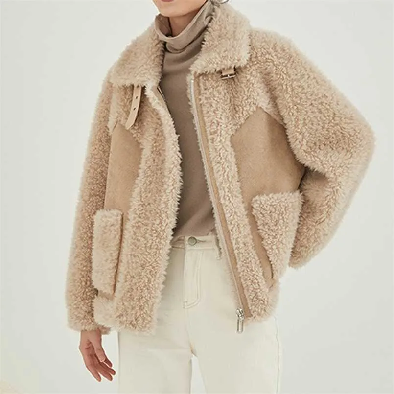 Solid färg får shearling päls korta lager kvinnliga dam kvinnor komposit päls ulljackor lambswool varm outwear vinter 211110