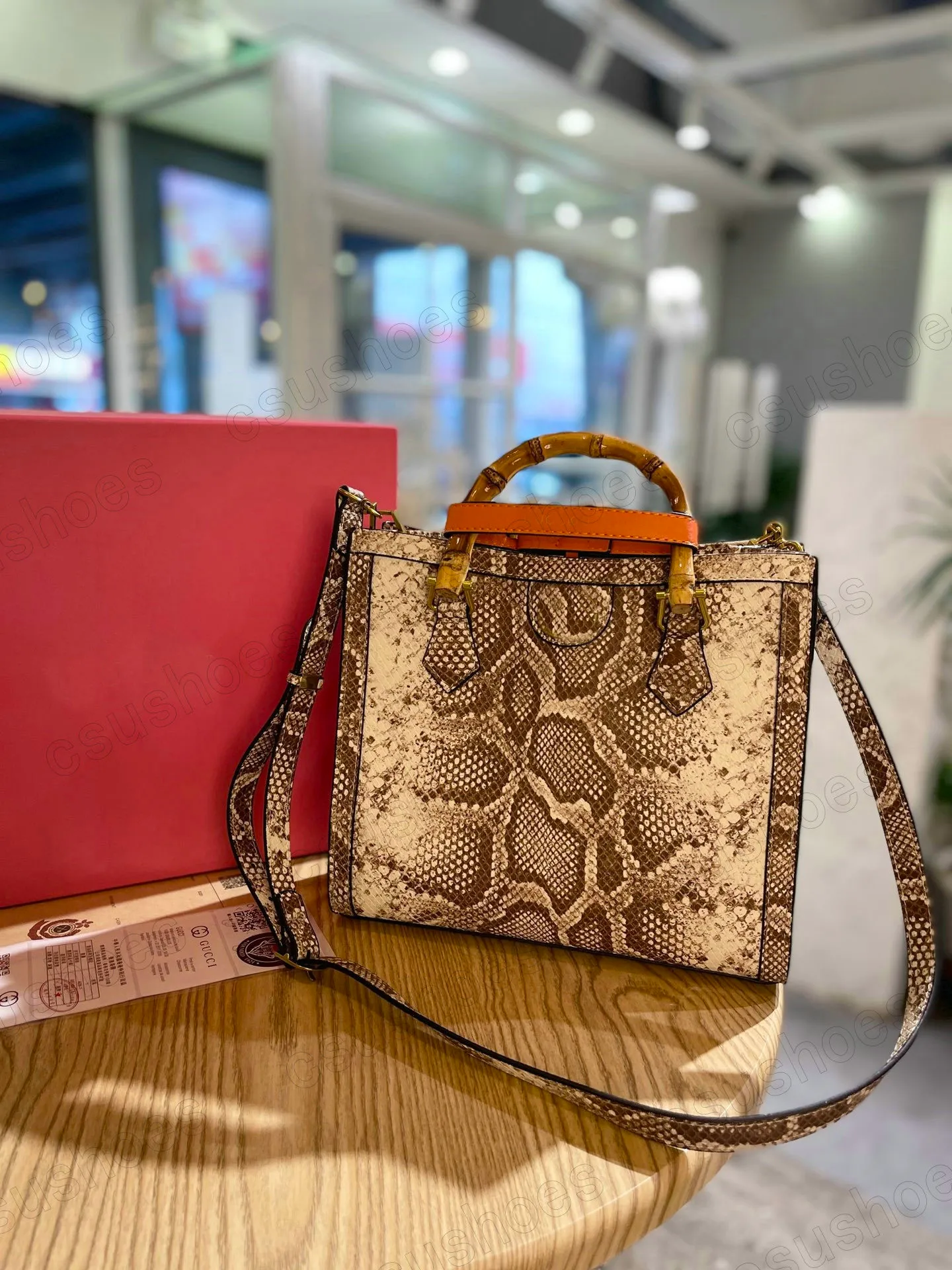 Diana Bamboo Ophidia Serpentine Stitching Tote Bag Ostrich Python Beige Canvas Leather Vintage Shoulder Italy Brand Womens Designer Handbag Bags 655658 660195