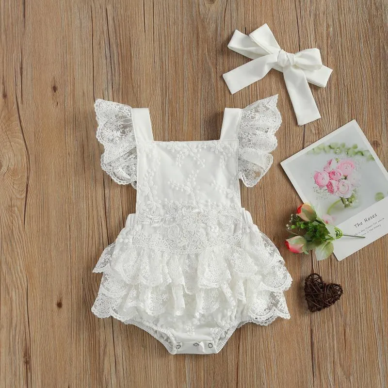 Baby Girls Sommar Outfits Söt Ruffle Sleeve Floral Lace Tutu Romper Med Headband Set Jumpsuits