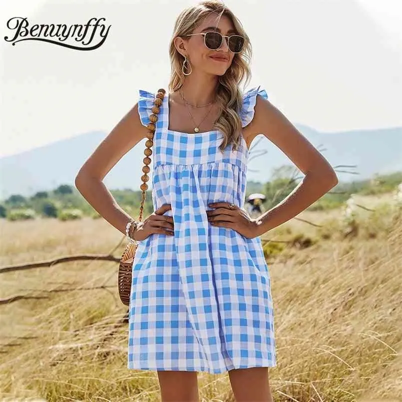 sachin and babi light blue dress Square Collar Ruffle Sleeveless Plaid Mini Dresses Women Backless High Waist Holiday Style Beach Casual Summer Dress 210510