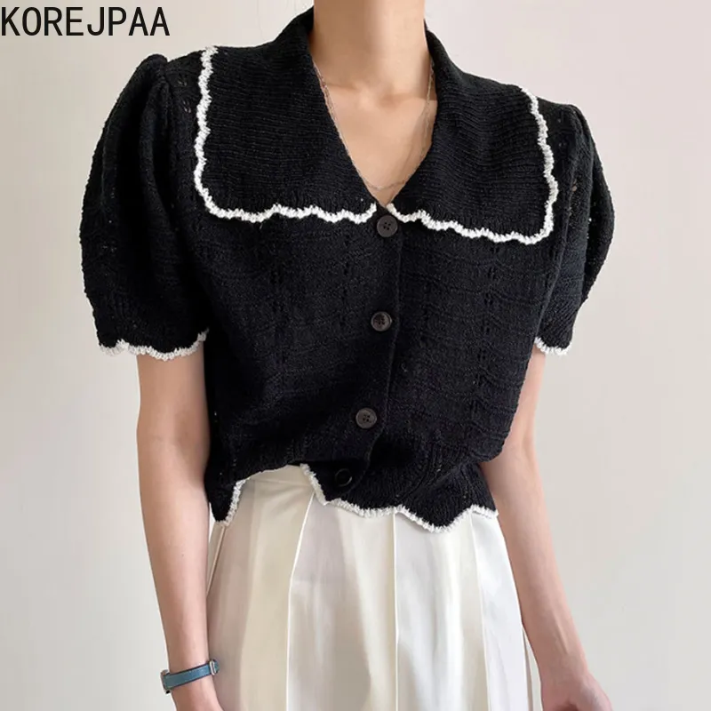 Frauen Pullover Sommer Koreanische Chic Weibliche Revers Trim Einreiher Hohl Unregelmäßige Puff Hülse Gestrickte Strickjacken 210514