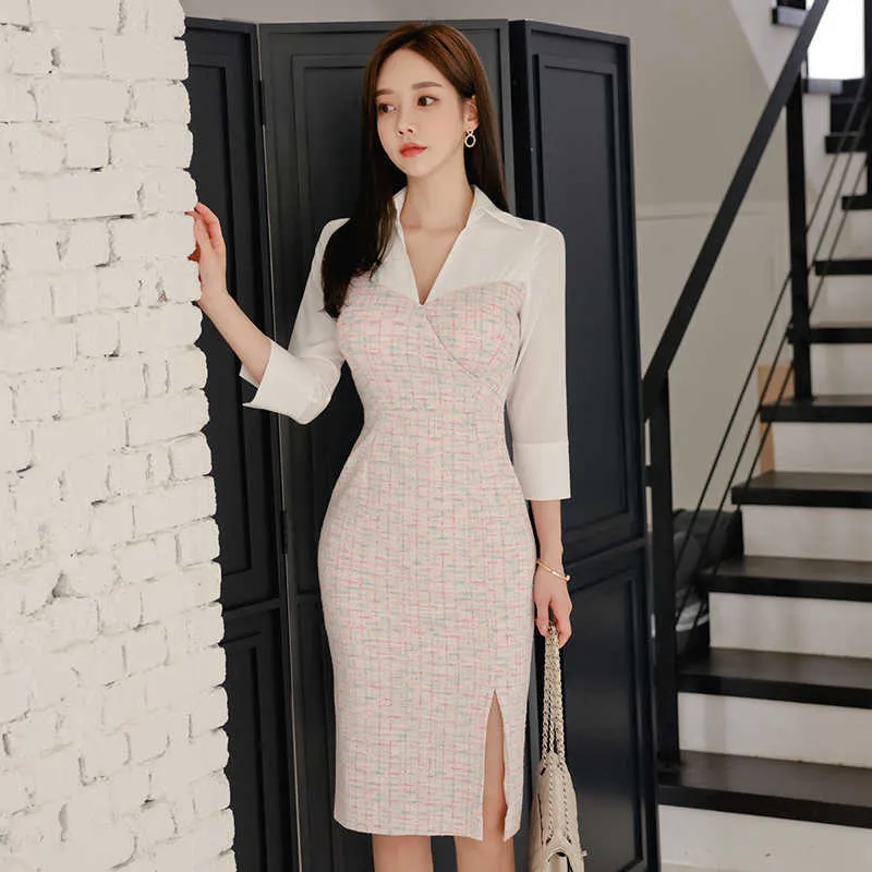 Spring Korean Women's Splicing Split Plaid Pencil Dresses Occupation Elegant Enkel Bottoming Vestidos 210529