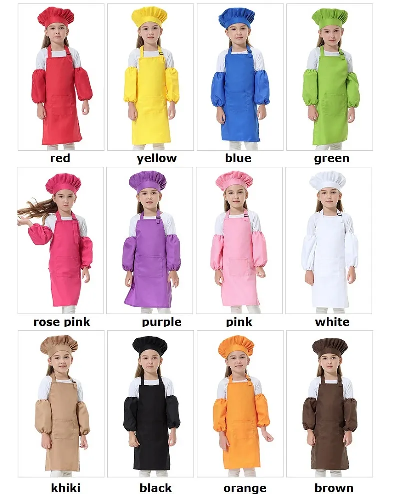 子供のエプロンの子供たちはベーキングシェフの制服幼稚園のゲーム調理エプロン+帽子+スリーブレットコスプレ衣装ポリエステルハンギングネックのエプロン無料カスタマイズされたロゴ