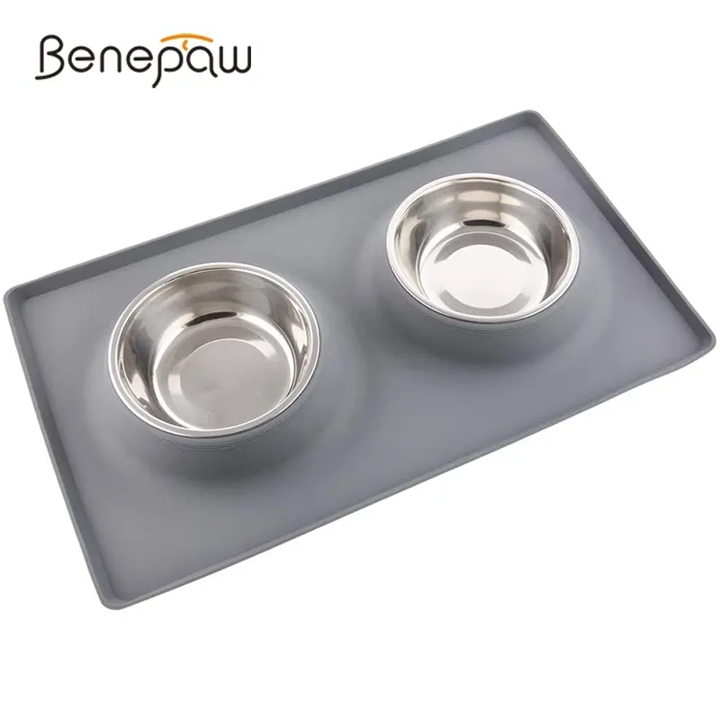 Benepaw Stainless Steel Double Dog Bowl With Silicone Mat Nontoxic Nonslip No Spill Pet Water Food Cat Puppy Feed Drinking 210615