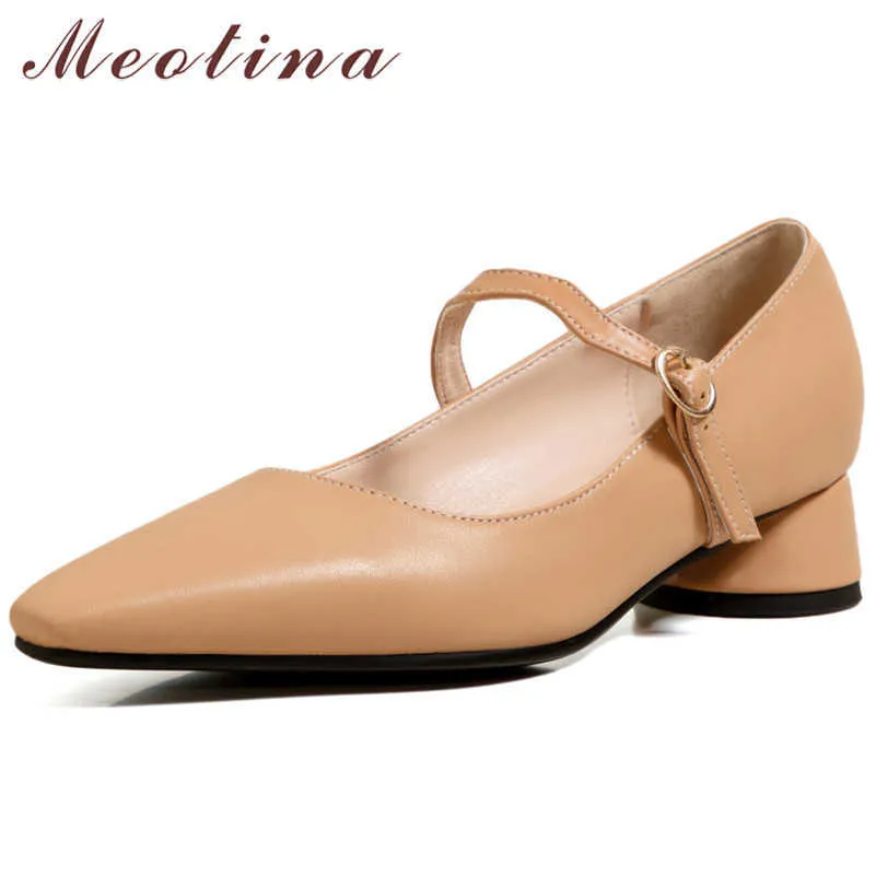 Meotina Med Heels Mary Janes Shoes Women Buckle Strap Thick Heel Pumps Square Toe Dress Shoes Fashion Ladies Footwear Beige 210608