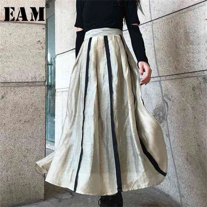 [EAM] Falda de medio cuerpo de cintura alta con contraste de rayas y temperamento dividido para mujer Moda Primavera Otoño 1W412 210619