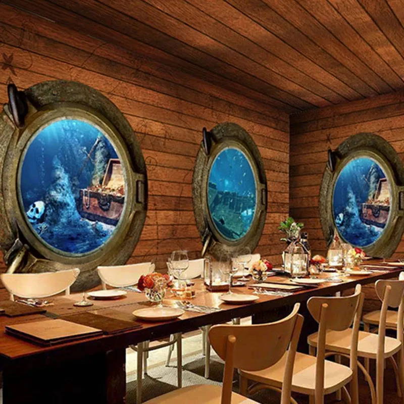 Custom 3D Stereo Pirate Wood Mural Silk Wallpaper with Ocean Pattern ...