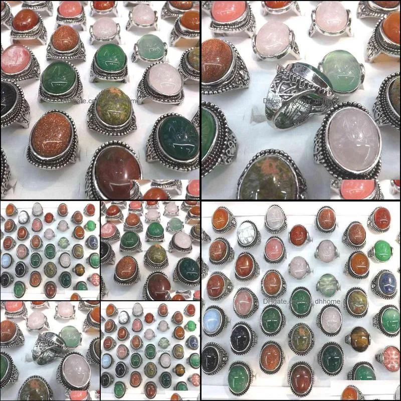 50pcs/Lot Vintage Big Natural Stone Rings Rose Quarts, Gold Sand Stone, Green Jadee, Opal Mixed Size 220115