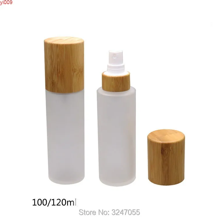100ML 120ML 10pcs / lot Flacon pulvérisateur de qualité supérieure avec bouchon en bambou, Bouteille rechargeable liquide en verre cosmétique, Containershigh qty