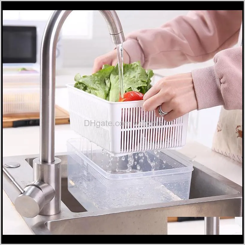 Drain Refrigerator Storage Box Fruit And Vegetable Preservation Kitchen Finishing Plastic With Cover Bottles & Jars