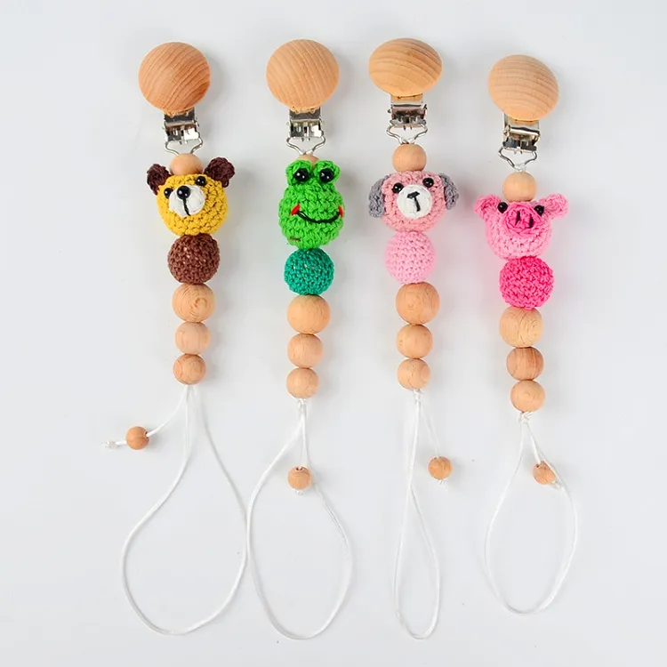 Wood Baby Chupeta Clipes Criança Correntes Dummy Clipe Crochet Animal Beads Nipple Suporte Nursing Presentes Presentes Infantes Brinquedos M3552