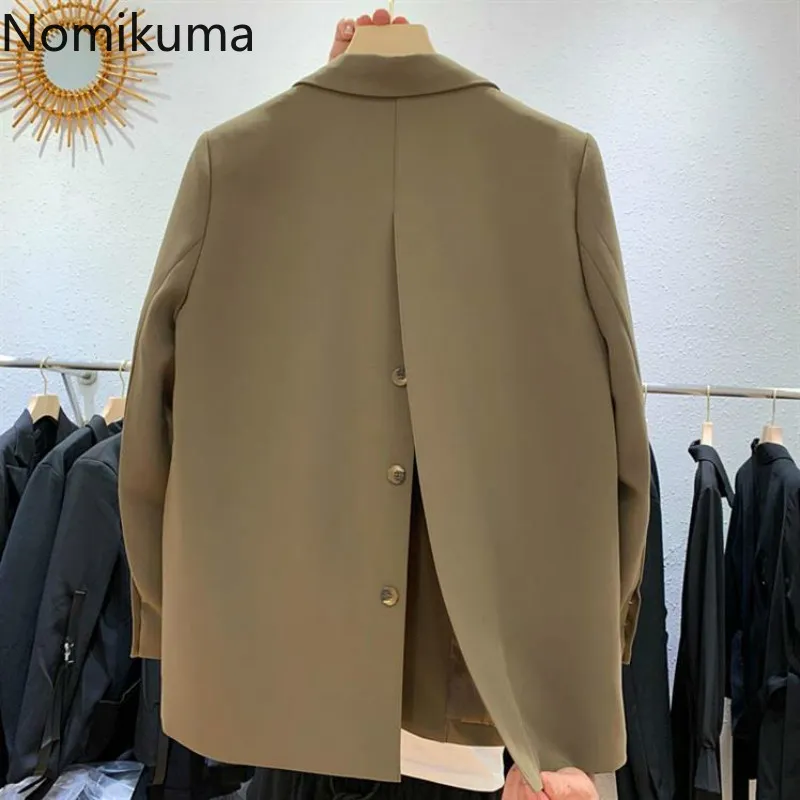 Nomikuma dos boutons fendus Blazer manteau printemps nouveau à manches longues femmes costume veste casual col cranté Blazers Femme 6E284 210427