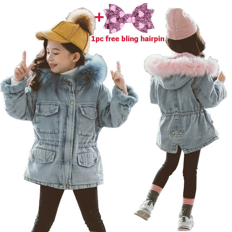 2019 Kid Warm Denim Bomberjack Tienermeisje Winter Herfst Capuchon Meisjes Jas Jeans Jassen Basic Kinderkleding Windjack H0909