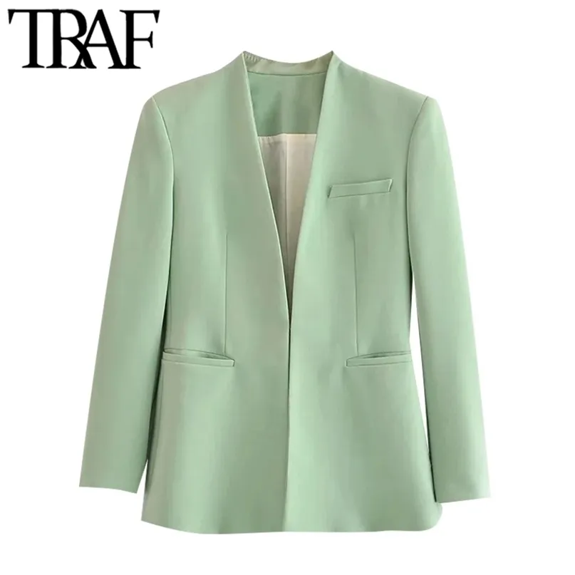 TRAF Femmes Mode Bureau Porter sans col Blazer Manteau Vintage Manches longues Poches passepoilées Vêtements de dessus pour femmes Chic Veste 211122