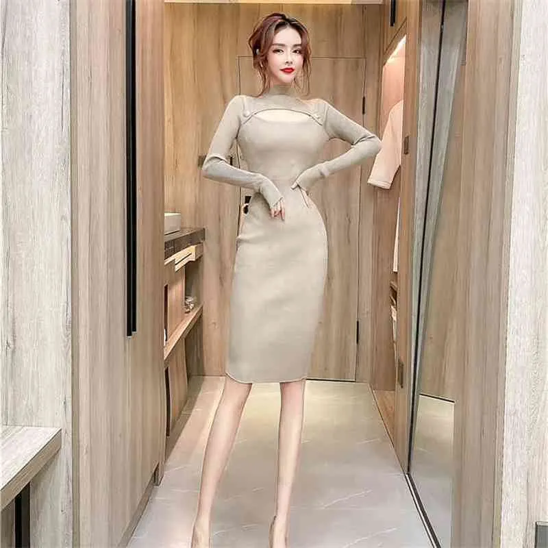 Hollow Out Long Sleeve Elegant Sweater Pencil Sheath Dress Woman Midi Bodycon Knitted Dresses femme robe 210520