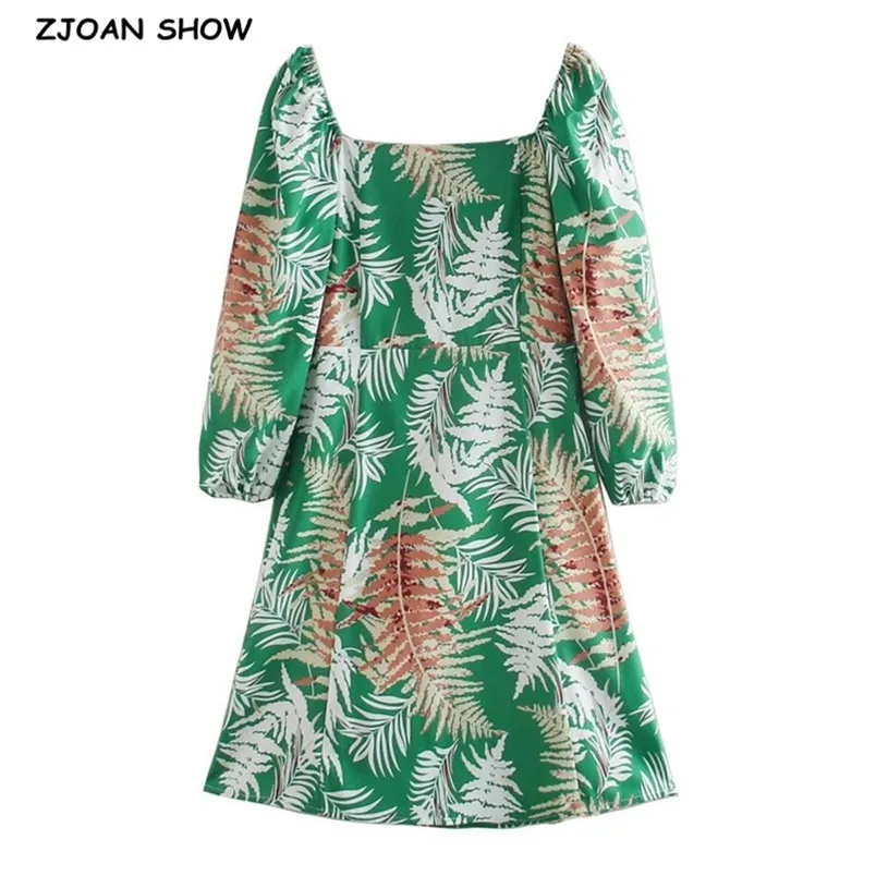 Holiday Green Tropical Style Liście Druku Długim Rękawem Sukienka Retro Eleganckie Kobiety Kwadratowy kołnierz Linia Krótkie sukienki Vestido 210429