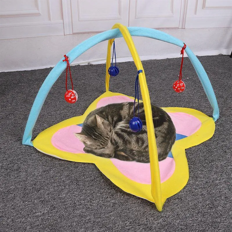 Łóżka kota meble zwierzakowe grające kolorowa matka dla kota łóżko namiotowe 2 w 1 centrum ćwiczeń z wiszącymi dzwonami