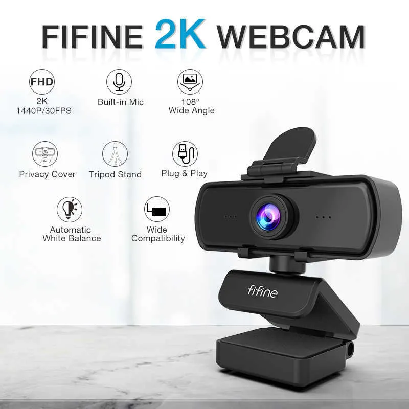 FIFINE 1440p Full HD PC Webcam with Microphone, tripod, for USB Desktop &  Laptop,Live Streaming Webcam for Video Calling-K420