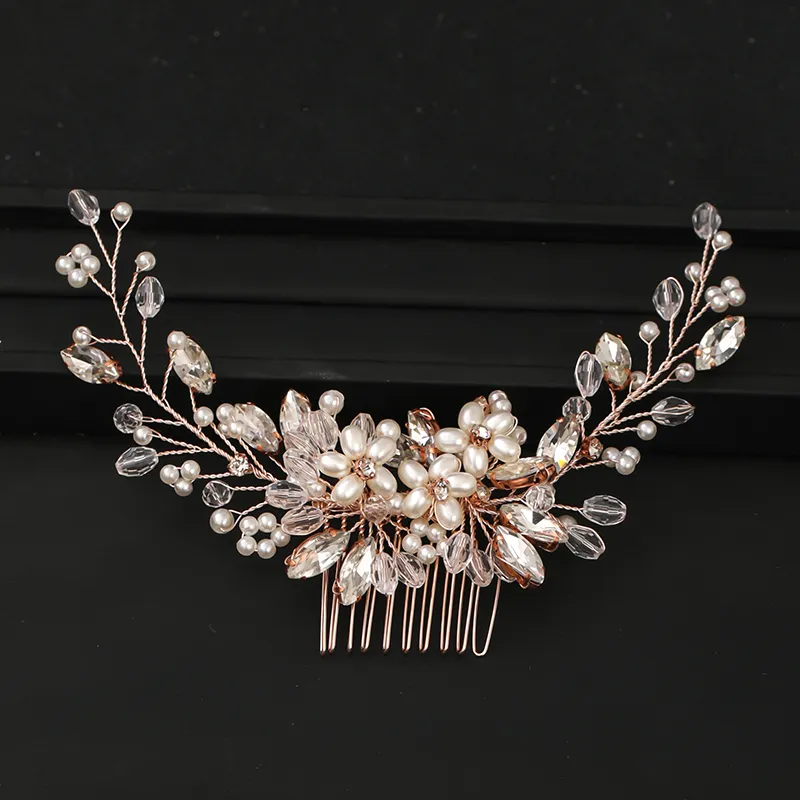 Rose Gold Wedding Bridal Hair Jewelry for Party Women Handmade Tiara Headpiece Pearls Crystal Hair Combs Hairbands